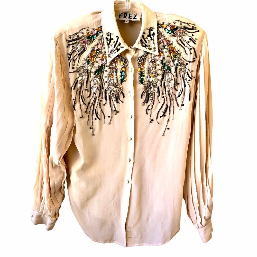 EREZ Vintage 80’s SILK + SNAKESKIN LEATHER Blouse Pleats Beaded BLING - Picture 4 of 16
